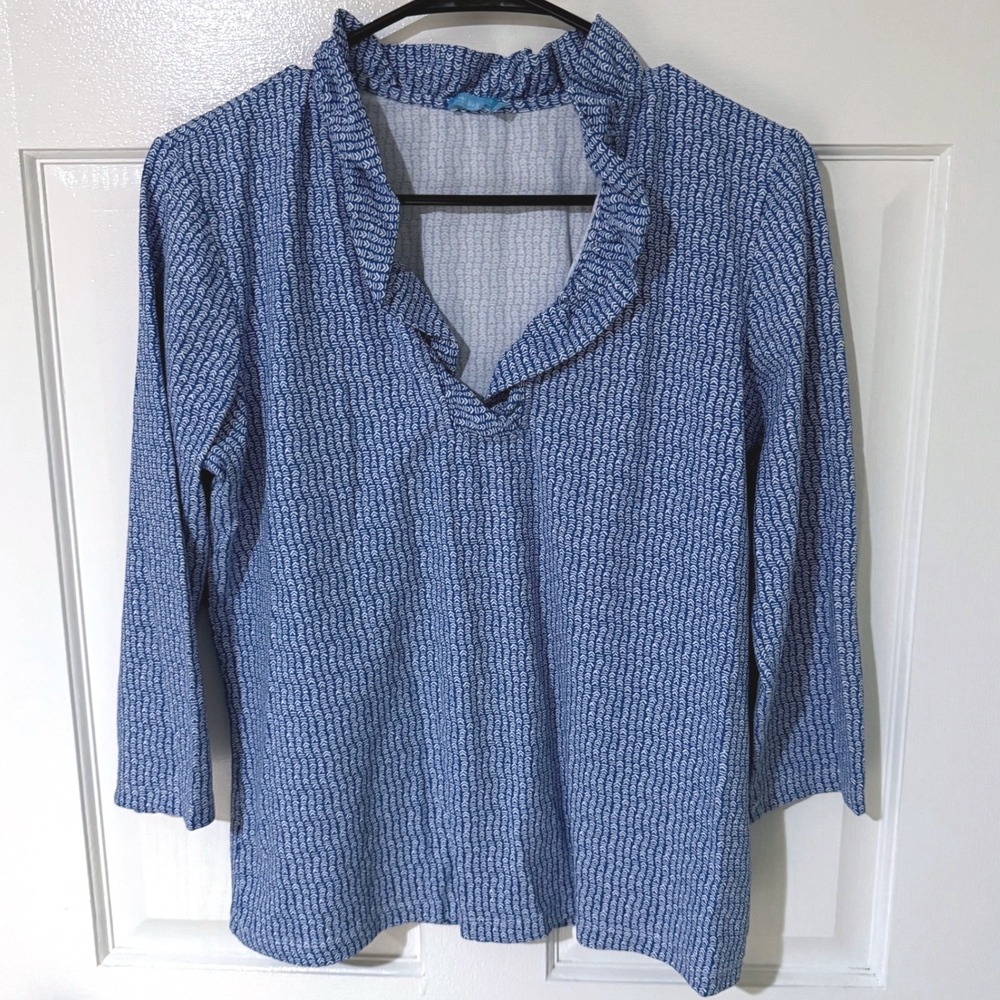 J.McLaughlin Blue White Geometric Ruffle Neck Long Sleeve Top Size L